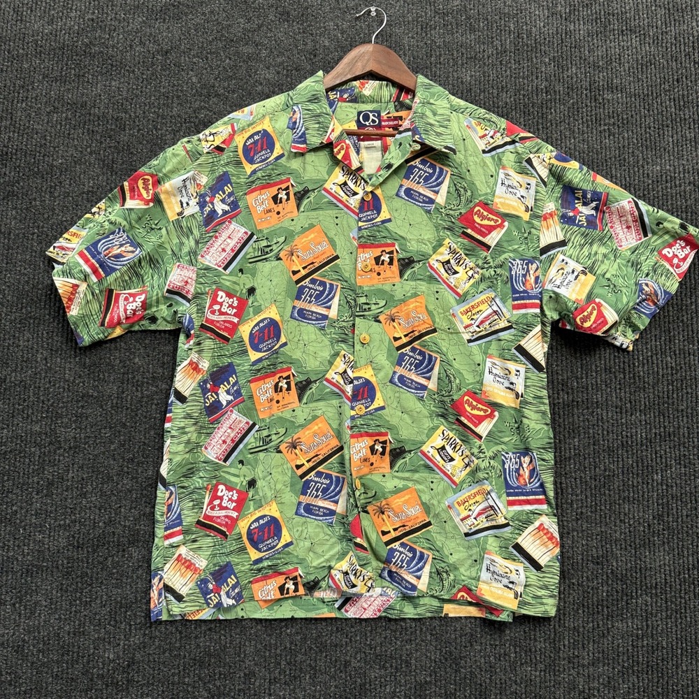 Quiksilver QS Hawaiian Shirt Men's Large Vintage Matchbook Map All Over Print